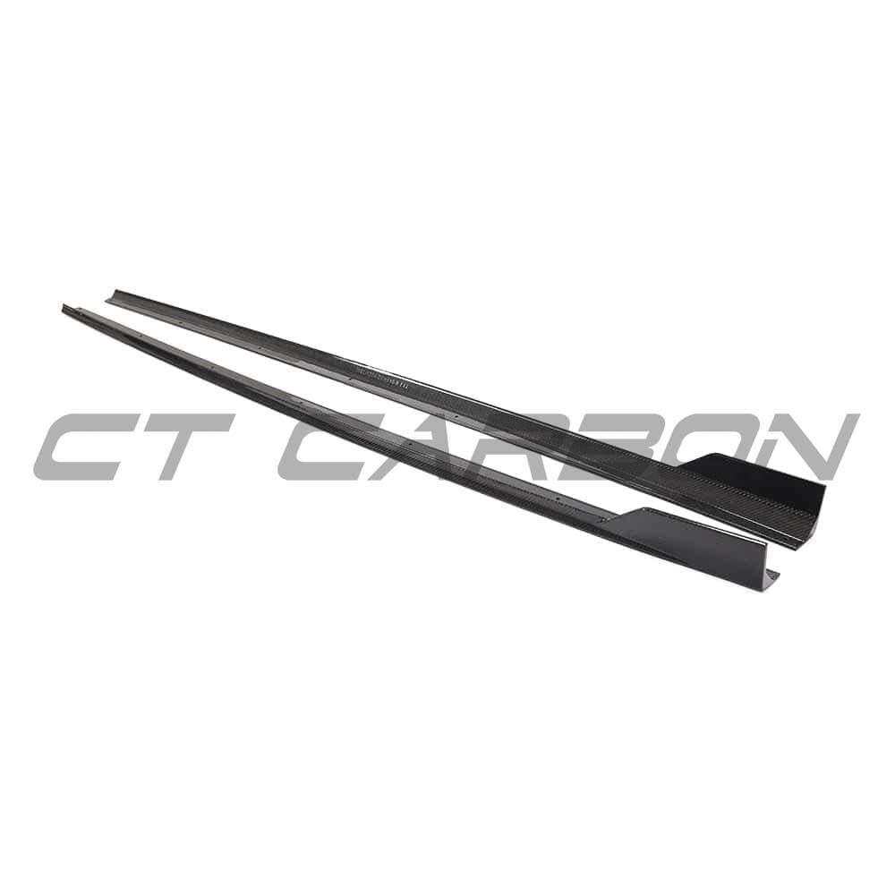 CT Carbon side skirts for Audi RS3 8V Saloon, full carbon fibre kit, enhancing the vehicle's sporty side profile.
