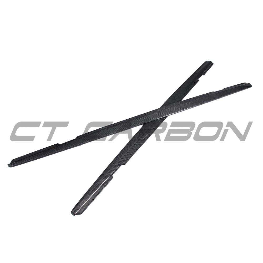 BMW F22 2 Series side skirts in carbon fiber, CT Carbon MP style, designed for 2014-2020 models, shown from side view.