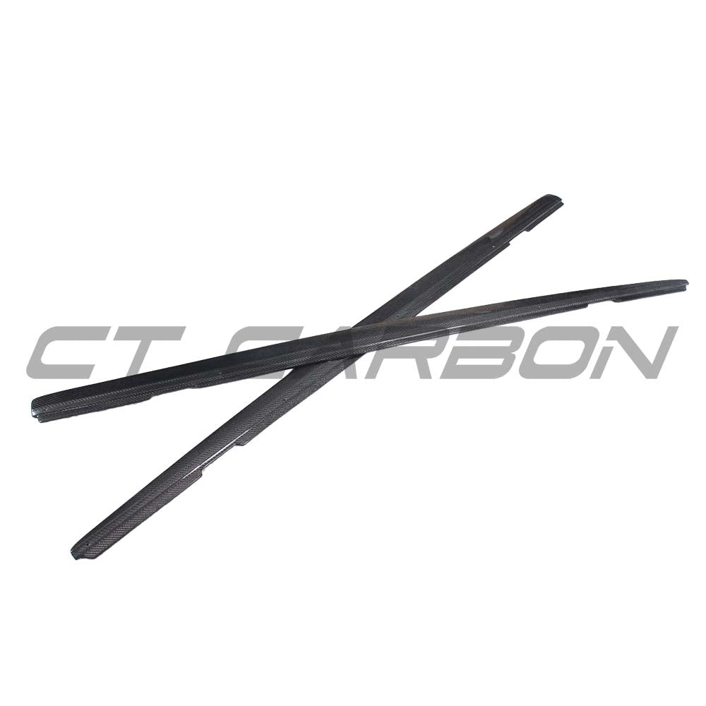 BMW F22 2 Series 2014-2020 CT Carbon carbon fiber side skirts kit installed on side view of car.