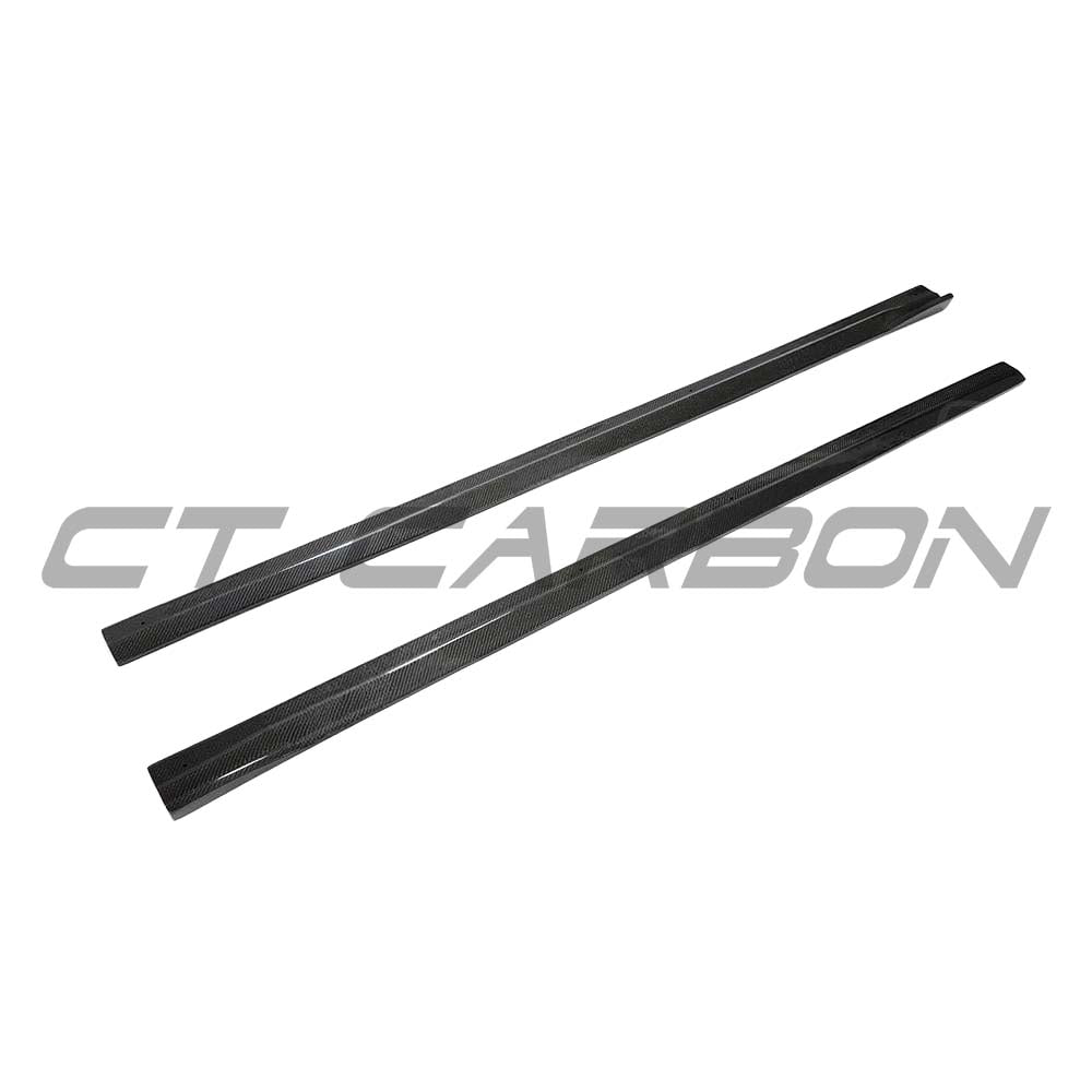 BMW F87 M2 2016-2018 CT Carbon full carbon fibre side skirts on the car, showcasing a sleek 3D style design.