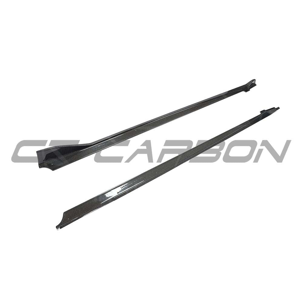 CT Carbon side skirts for Toyota Supra 2019+ A90, made of carbon fiber, showcasing sleek, aerodynamic car body enhancements.