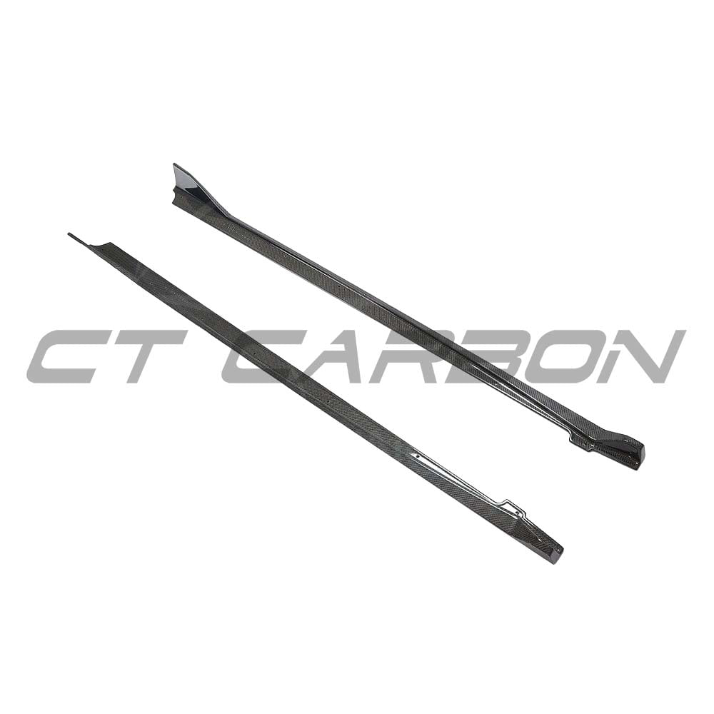 Toyota Supra 2019+ A90 CT Carbon side skirts made from carbon fiber, showcasing sleek, lightweight automotive enhancement.
