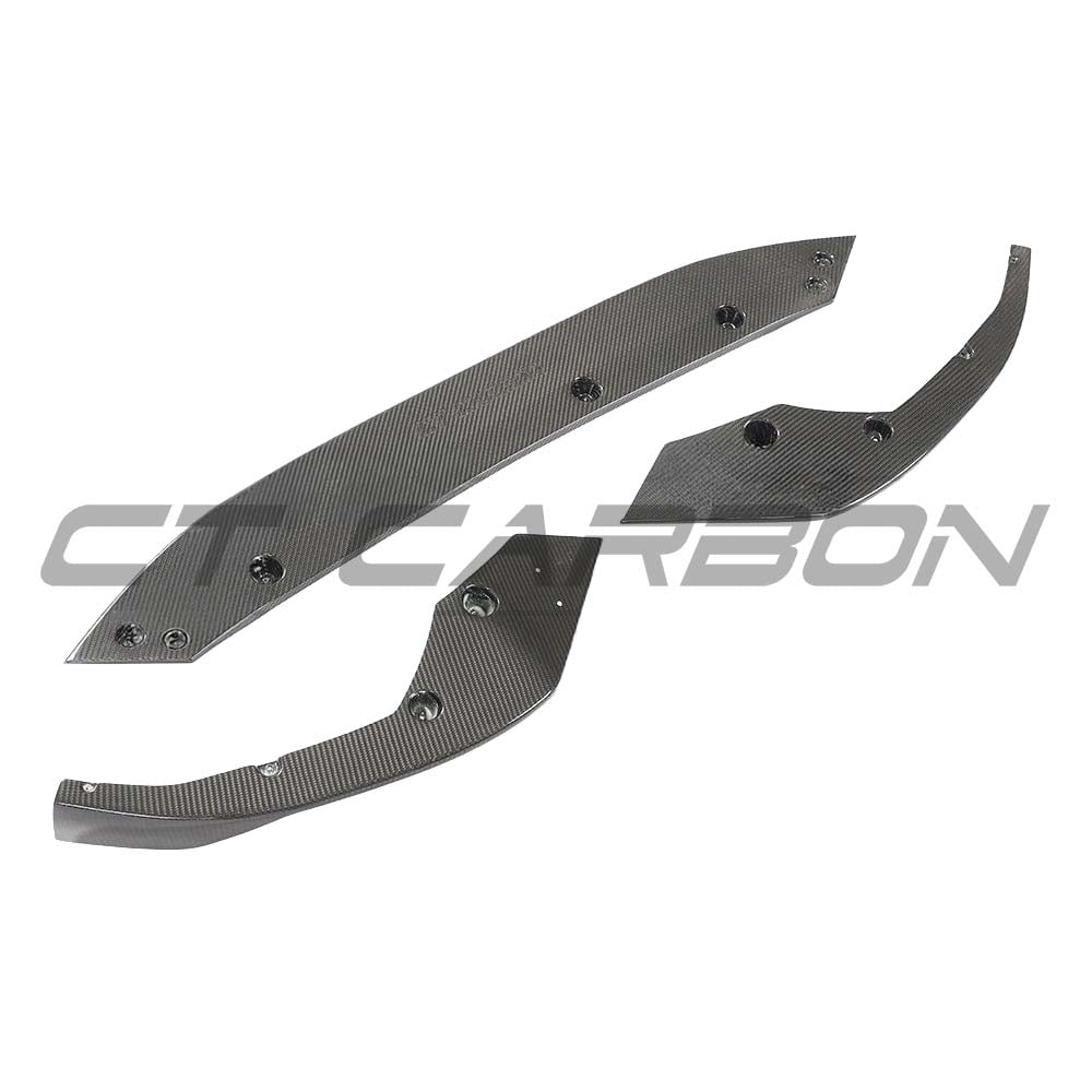 Carbon fibre splitter for Audi A3 S-Line and S3 8Y models, made by CT Carbon, shown mounted on the front bumper.
