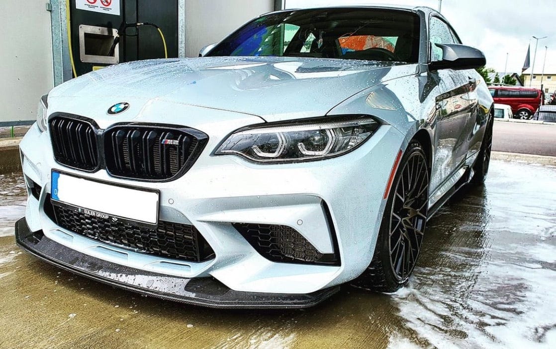 BMW M2C F87 2018-2021 carbon fibre splitter by CT Carbon, GTS style, showcasing sleek, lightweight aerodynamic design.