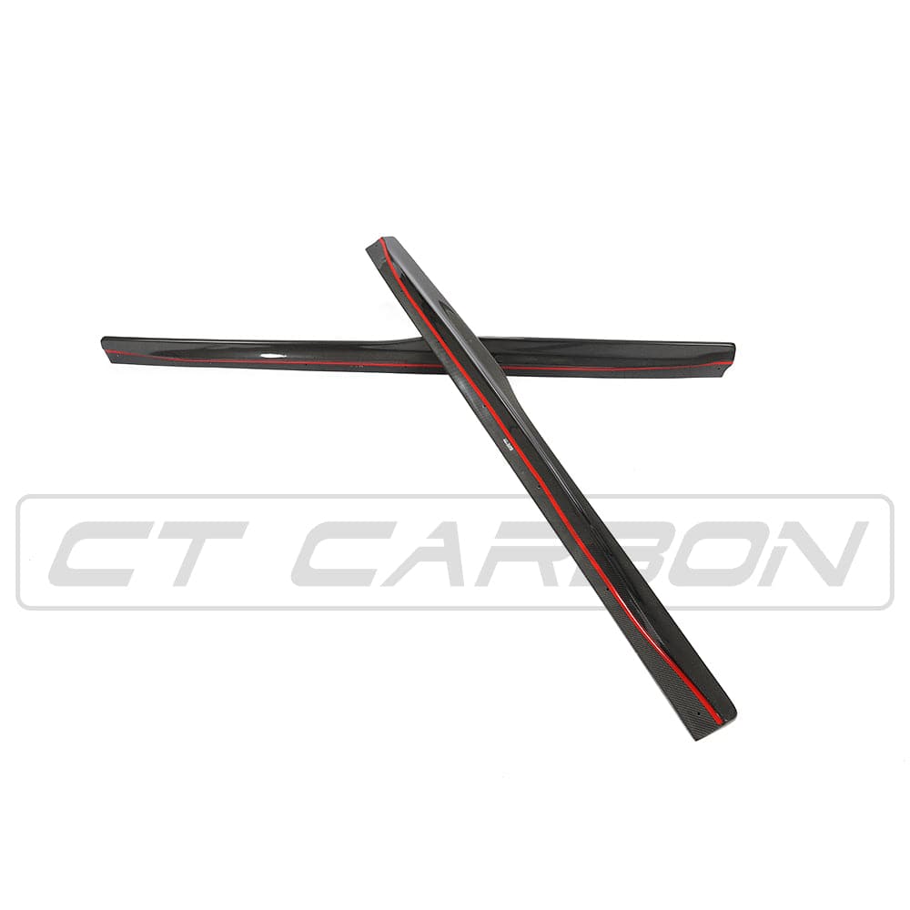 BMW M4 F82 F83 carbon fibre side skirts by CT Carbon, showcasing sleek, textured side skirts with PS style design.