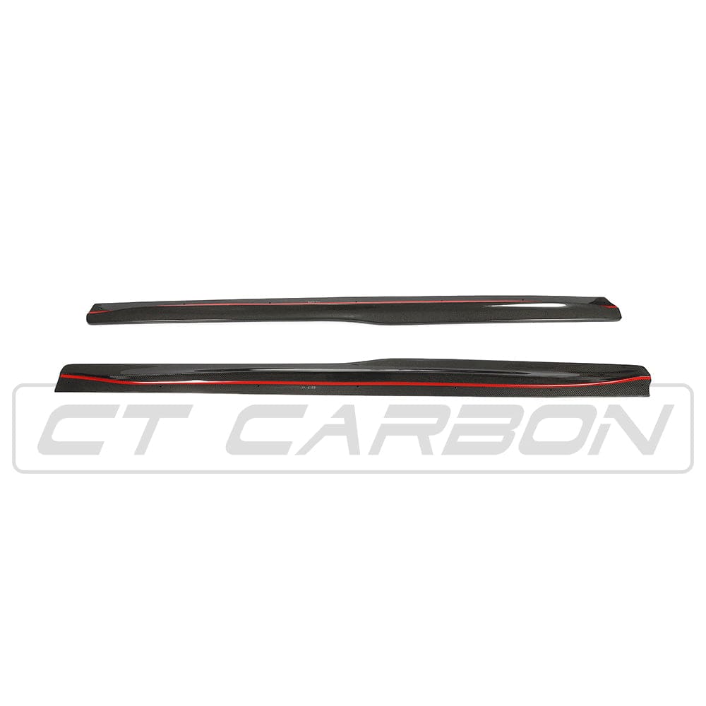 BMW M4 F82 F83 carbon fibre side skirts by CT Carbon, PS Style, showing sleek, textured carbon fibre design on the car's side panels