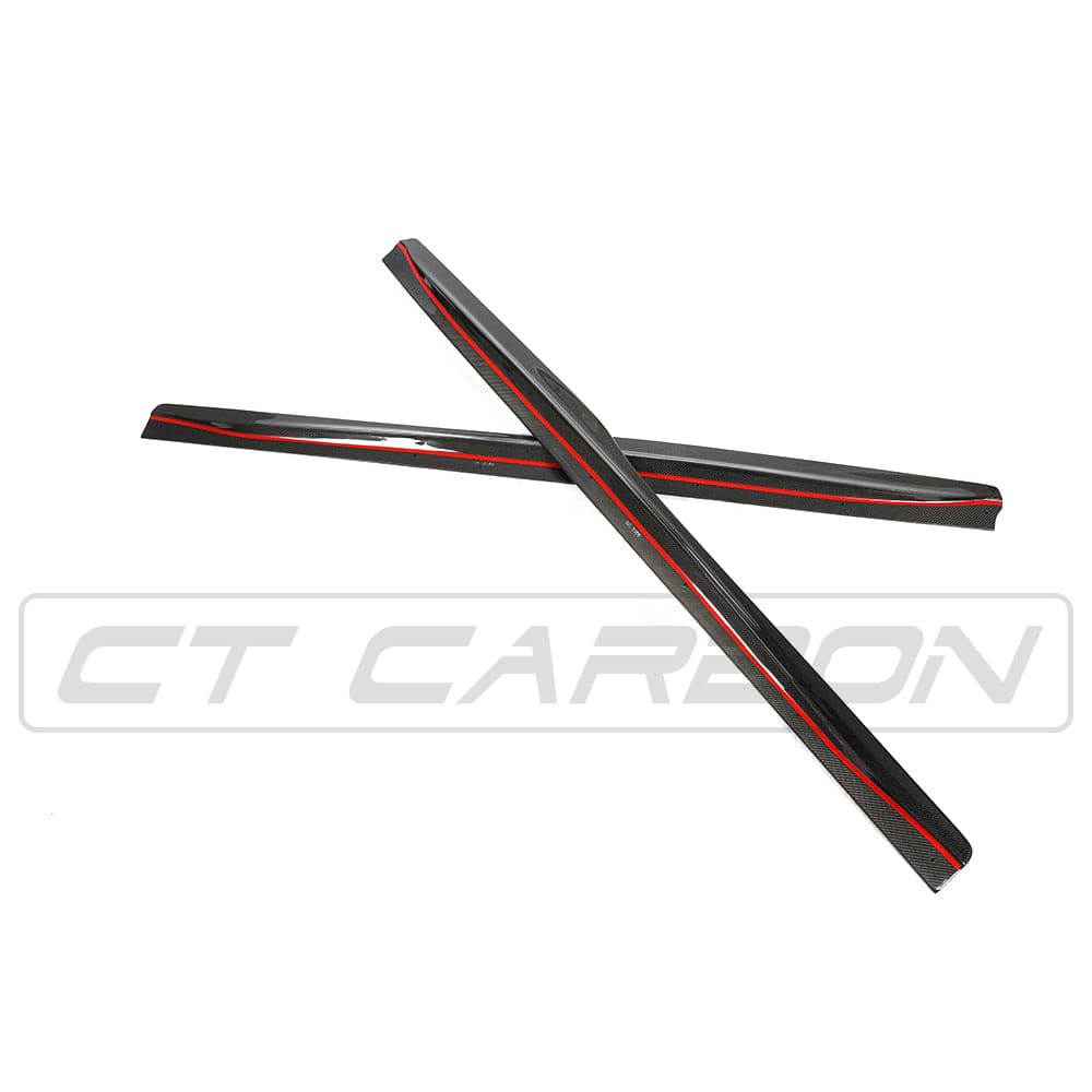 BMW M4 F82 F83 carbon fibre side skirts by CT Carbon, featuring a sleek PS style design for enhanced sporty appearance.