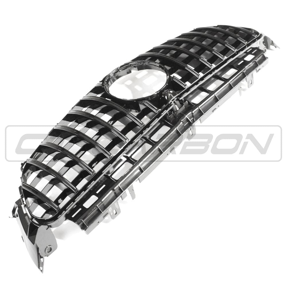 Mercedes W213 and C238 2017-2020 E-Class CT Carbon gloss black Panamericana grille with split design, detailed close-up image.