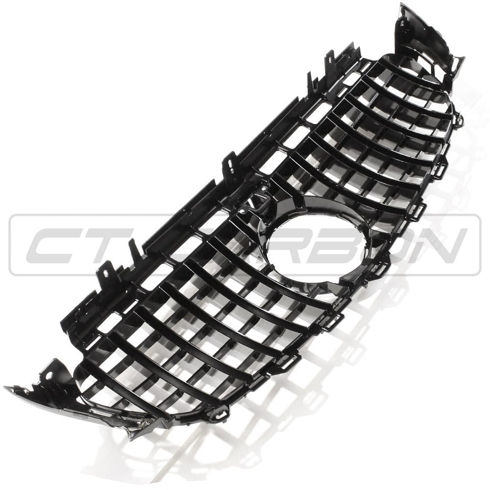 Mercedes W213 & C238 2017-2020 E-Class CT Carbon gloss black Panamerica grille with split design, front view.