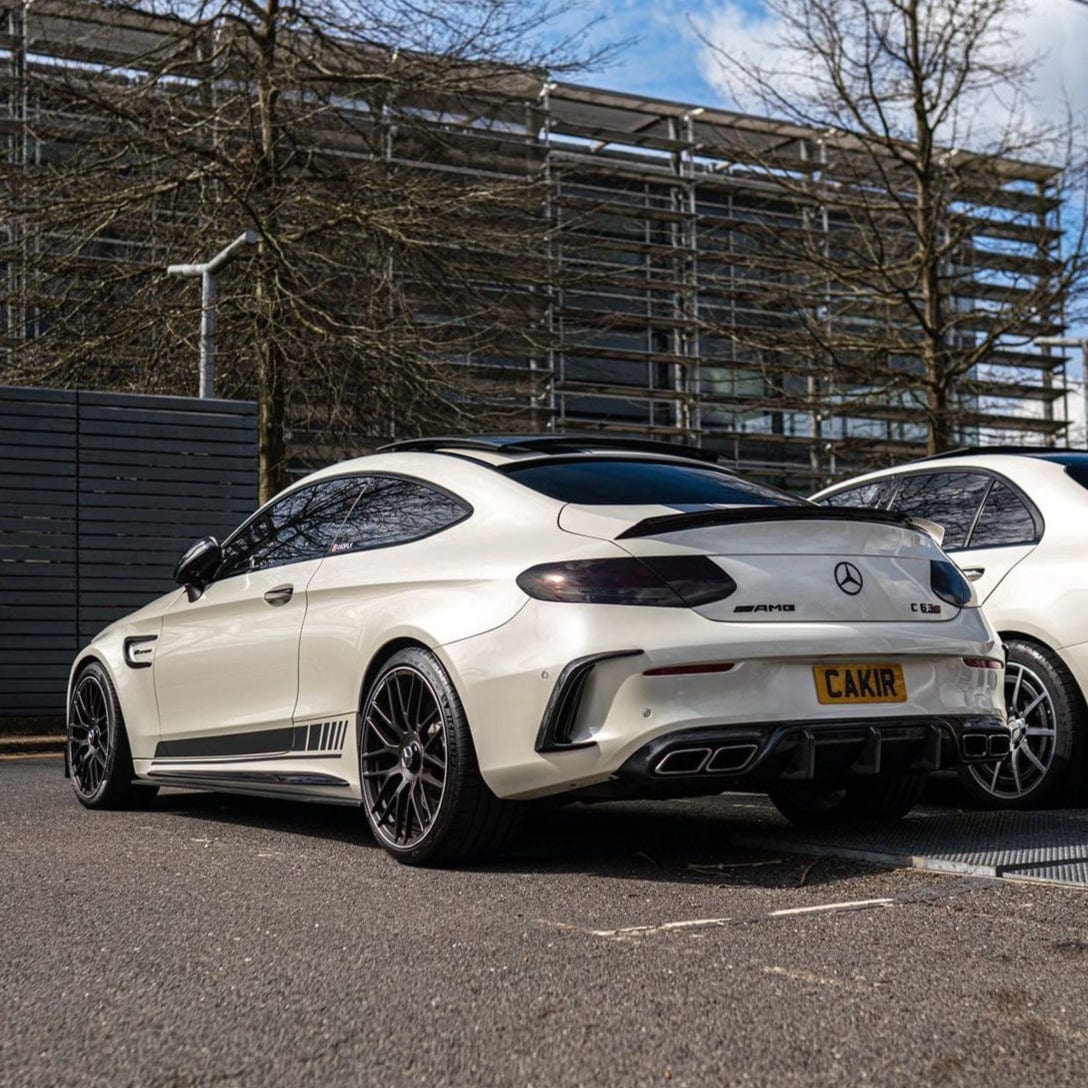 CT Carbon spoiler for Mercedes C63, C63S, and C-Class W205 coupe, made of carbon fiber with sleek aerodynamic design.