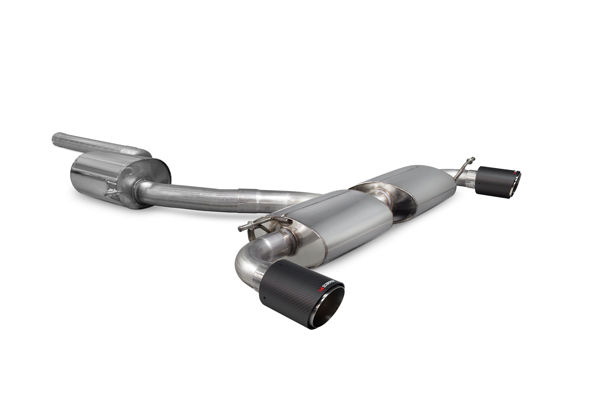 Scorpion Volkswagen Scirocco R Resonated Cat-Back Exhaust - product view - Carbon Fibre Ascari 100mm