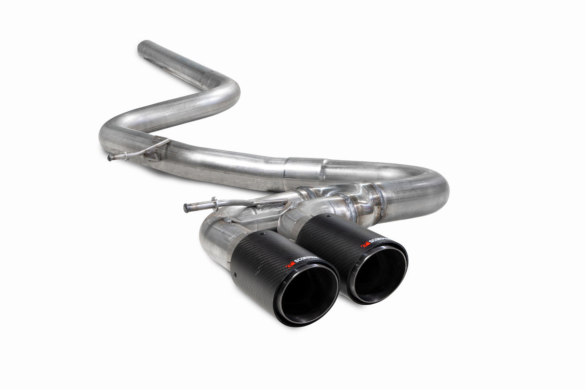 Scorpion Volkswagen Golf MK7 GTD 185PS cat-back exhaust system with polished metal pipes and dual tailpipe tips.