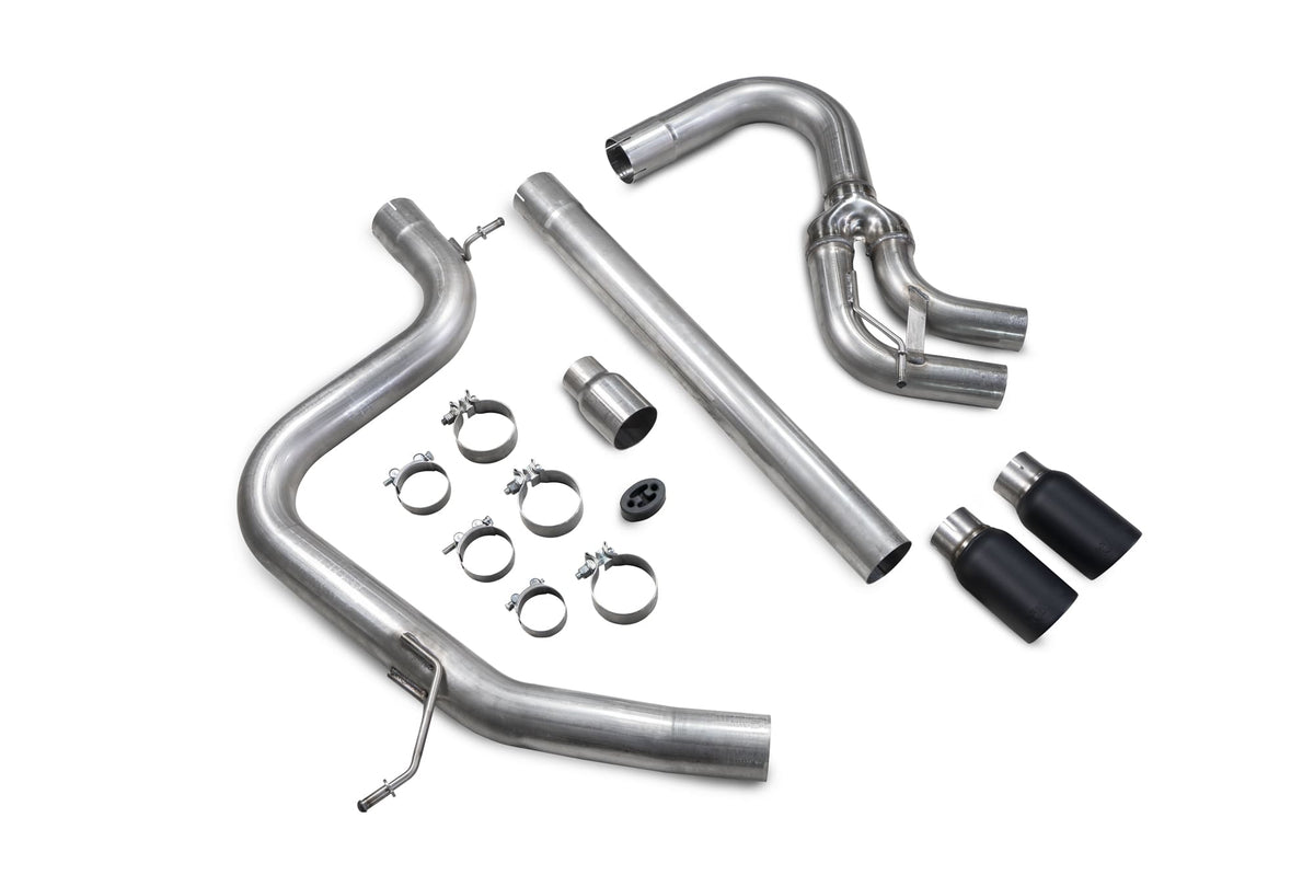 Scorpion Volkswagen Golf MK7 GTD cat-back exhaust system with polished stainless steel tips and dual exhaust pipes.