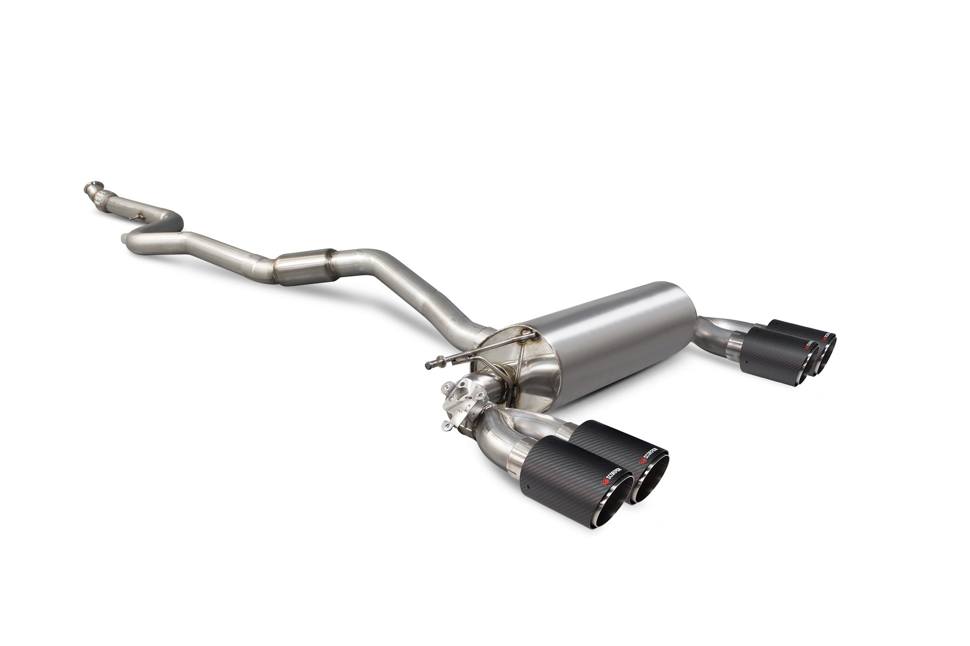 Scorpion BMW M2 F87 Non GPF cat-back exhaust system with electronic valve, showcasing polished stainless steel pipes and dual tips.