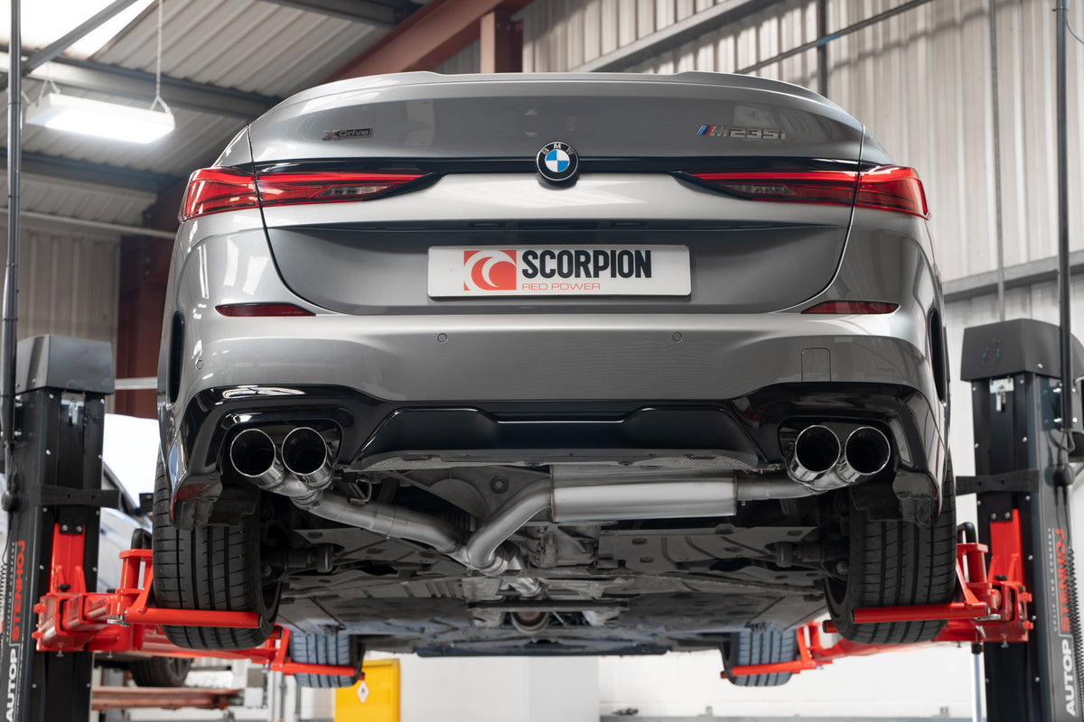 Scorpion BMW M235i Gran Coupe xDrive GPF-Back Exhaust System with electronic valve, showcasing polished metal pipes and exhaust tips.