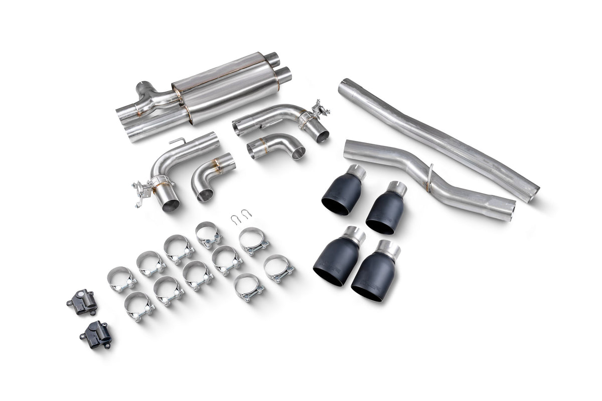 Scorpion BMW F70 M135i GPF-Back Exhaust System showing stainless steel pipes and muffler with brand logo on the exhaust tip