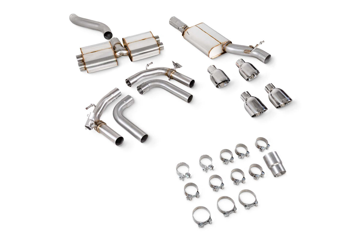 Scorpion Audi S3 8Y Sportback GPF-Back Exhaust System with electronic valves, featuring resonated design and polished metal finish.