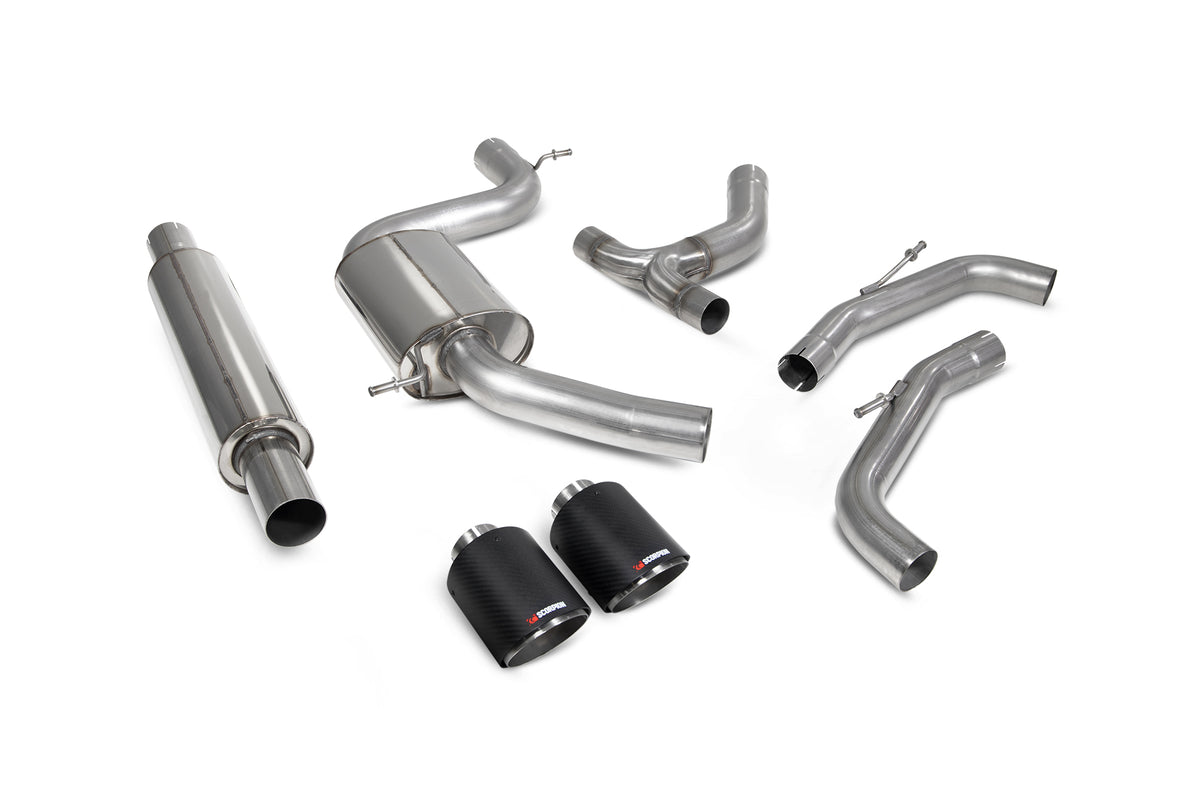 Scorpion Volkswagen Golf MK8 GTI GPF-Back exhaust system with resonated design, showcasing polished stainless steel pipes and muffler.