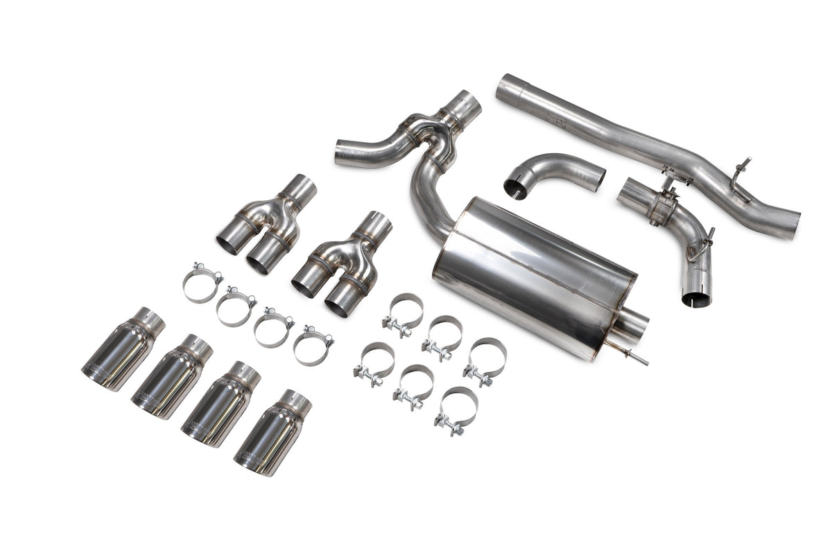 Scorpion BMW M235i Gran Coupe xDrive GPF-Back Exhaust System with Electronic Valve, showcasing polished metal components and dual exhaust outlets.