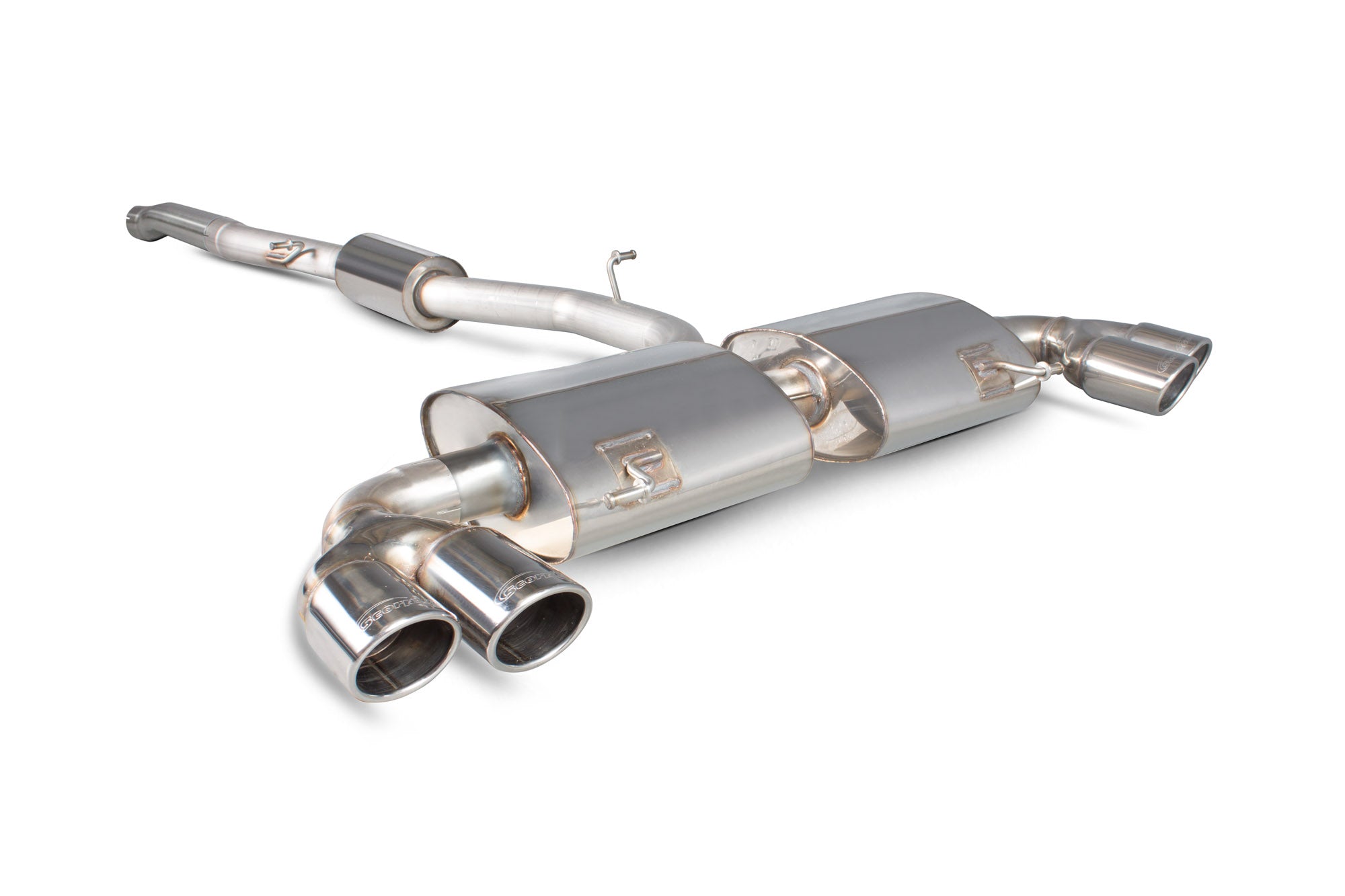 Scorpion Audi S1 2.0 TFSI quattro resonated cat-back exhaust system without valves, showing polished stainless steel pipes and dual tips.