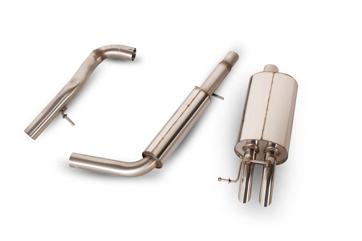 Scorpion Volkswagen Golf Mk4 resonated cat-back exhaust system installed, showcasing polished stainless steel pipes and muffler.
