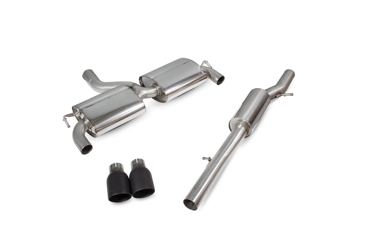 Scorpion Volkswagen Golf Mk4 R32 cat-back exhaust system with resonated muffler, showcasing stainless steel pipes and polished tips.