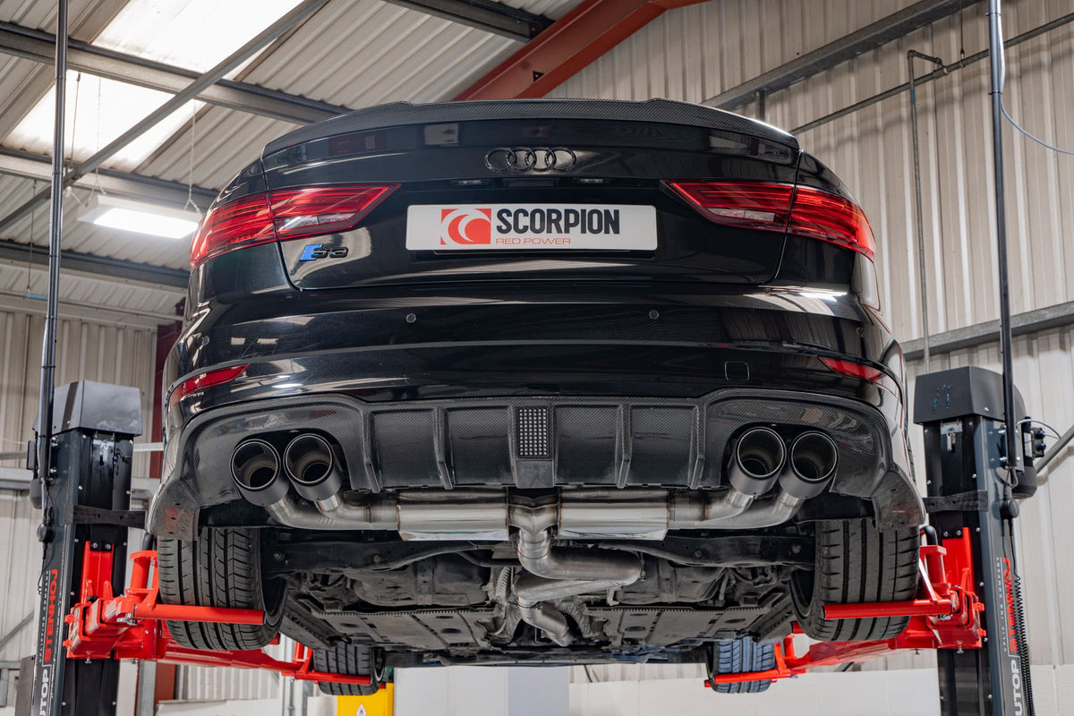 Scorpion Audi S3 8V GPF-Back Exhaust System without valves, showing polished metal pipes and dual exhaust tips.
