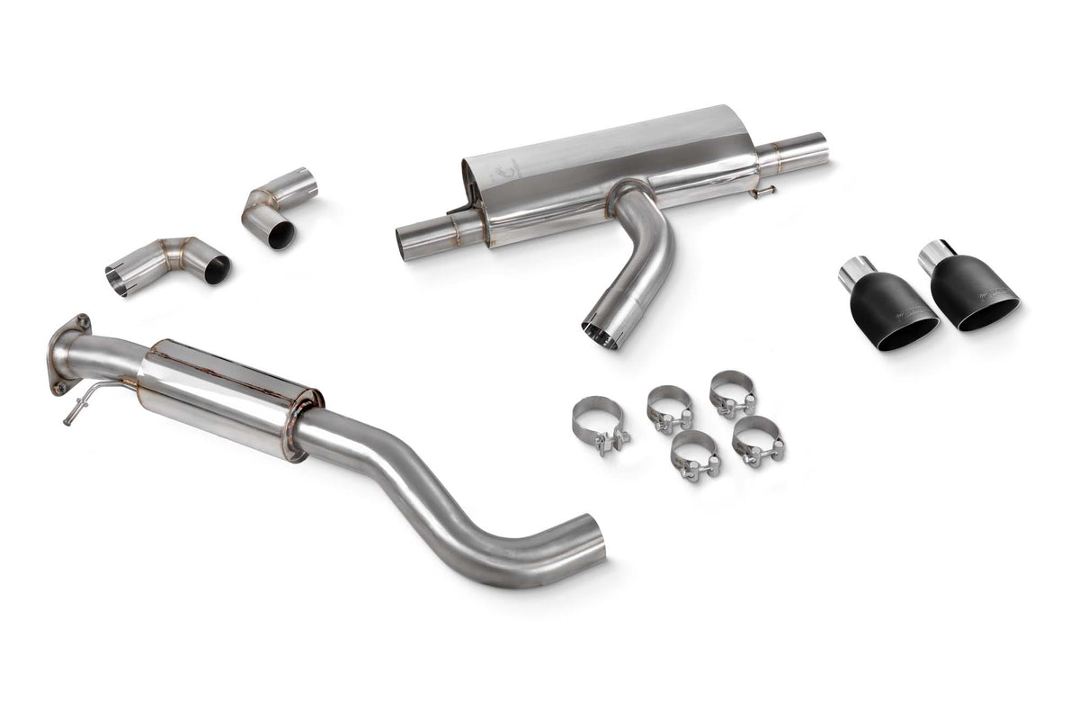 Scorpion Toyota Yaris GR GEN 2 resonated GPF-back exhaust system installed on a car, showcasing polished metal pipes and muffler.