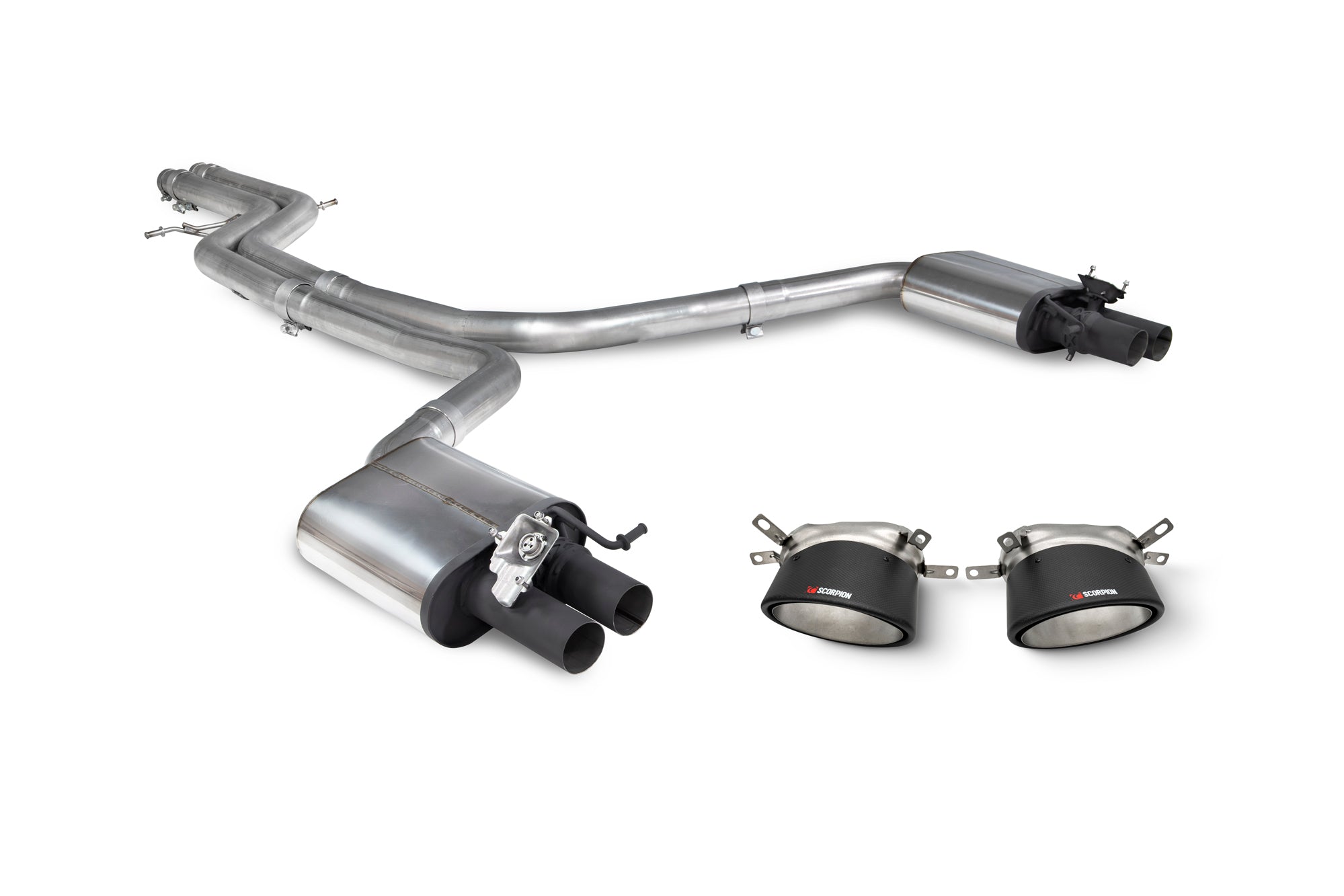 Scorpion Exhausts Audi RS7 C7 non-resonated tailpipe trim with half system and decorative trims, showcasing polished metal finish.
