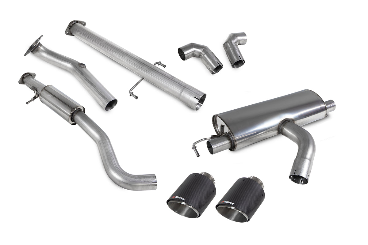 Scorpion Toyota GR Yaris GPF-back exhaust system with resonated circuit pack, showcasing polished metal piping and muffler details.