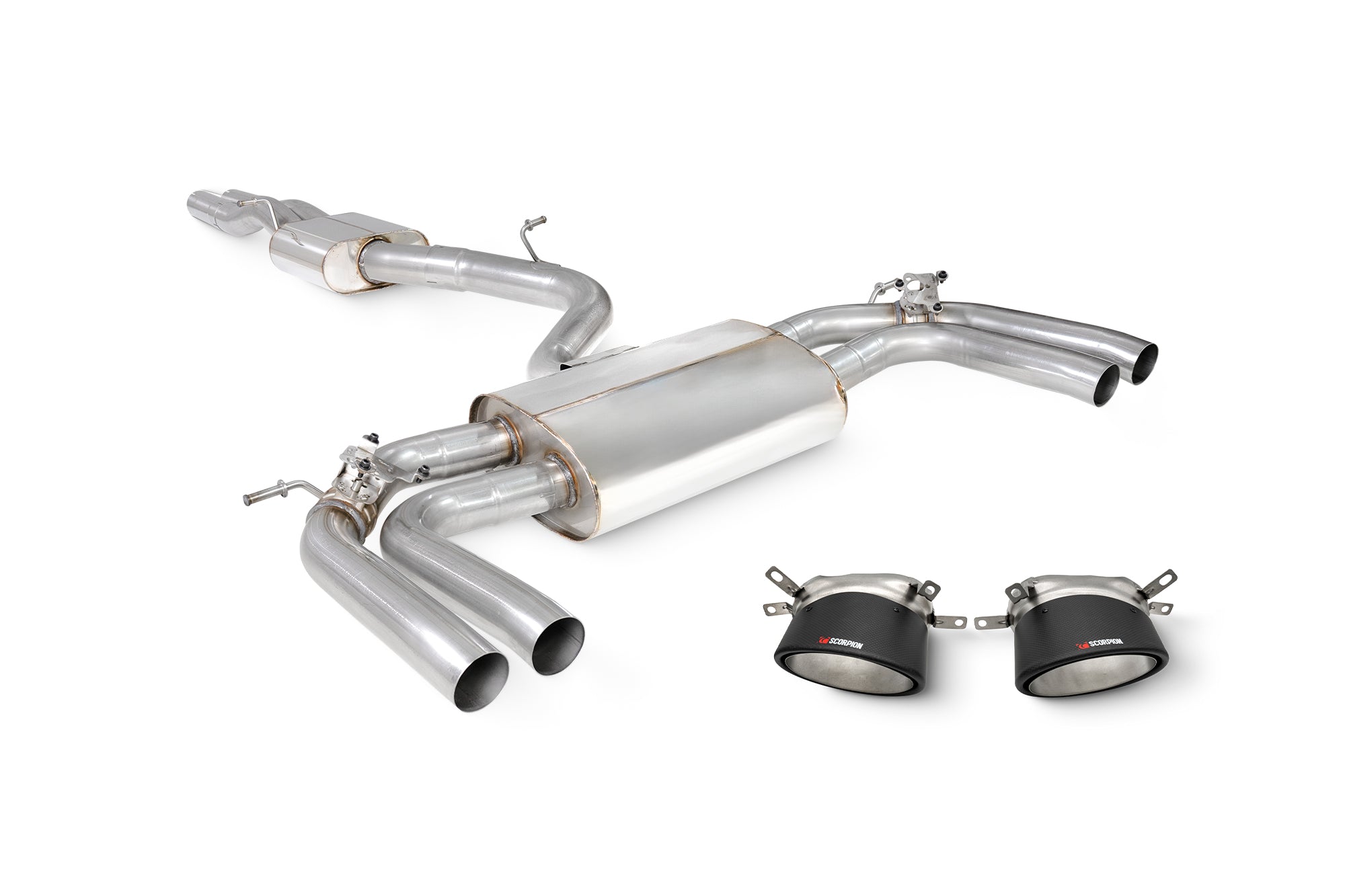 Scorpion Audi RS3 8Y Sportback GPF-Back Exhaust System with valves, showing stainless steel pipes and resonated design.