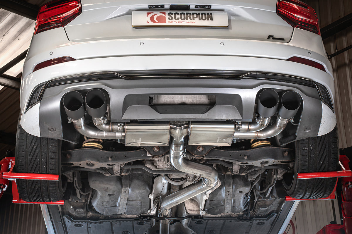 Scorpion Audi SQ2 GPF-back exhaust system with non-resonated, non-valved design, showing polished stainless steel pipes and muffler.