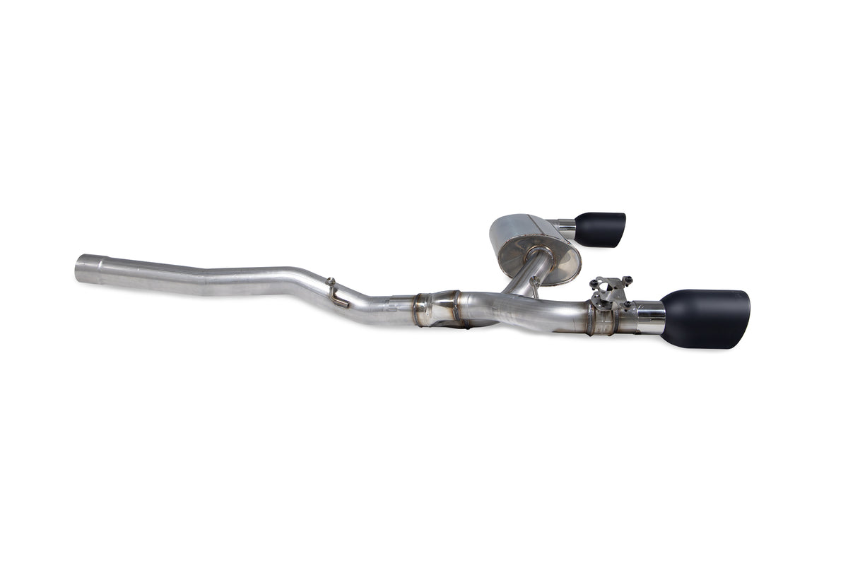 Scorpion BMW M135i xDrive GPF-Back Exhaust System with electronic valve, showcasing sleek metal pipes and exhaust tips.