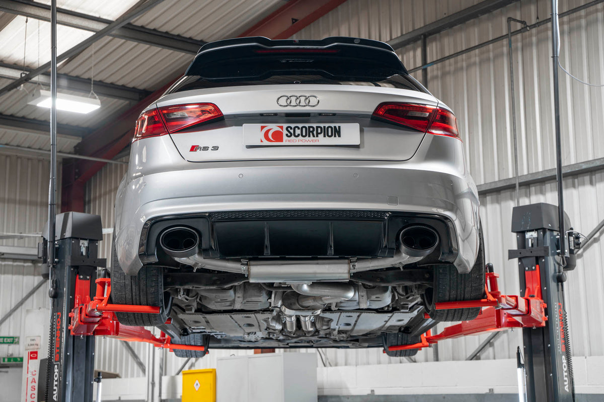 Scorpion Audi RS3 8V Pre-Facelift resonated cat-back exhaust system with valves, showing the sleek stainless steel design.