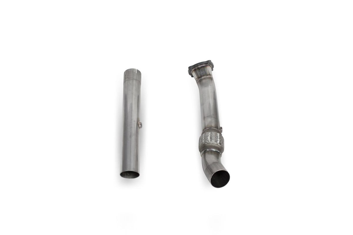 Scorpion Volkswagen Golf Mk4 GTI 1.8T de-cat downpipe showing stainless steel pipe and flanged connection for exhaust upgrade.
