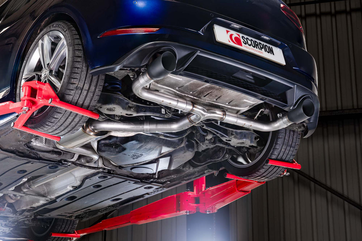 Scorpion Volkswagen Golf Mk7.5 1.5 TSI cat-back exhaust system with non-resonated muffler, showcasing the polished stainless steel design.