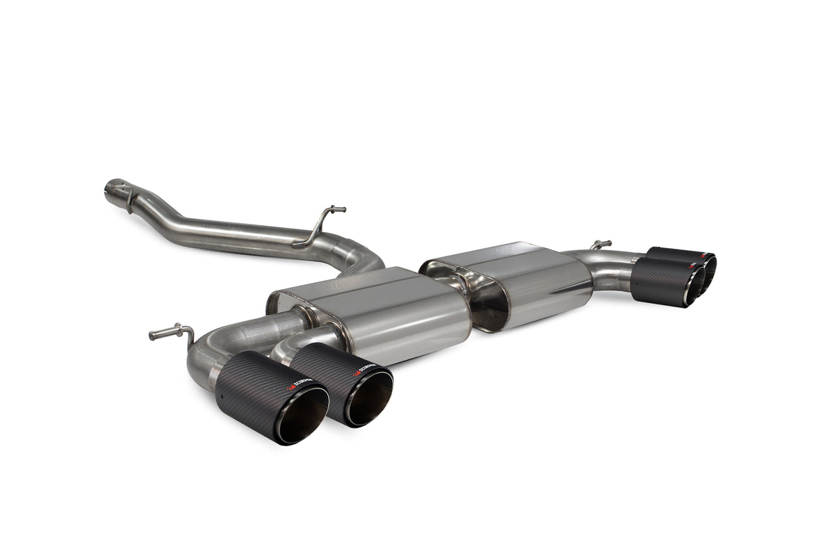Scorpion Audi SQ2 GPF-Back Exhaust System with non-resonated, non-valved design, showcasing polished stainless steel pipes and mufflers.