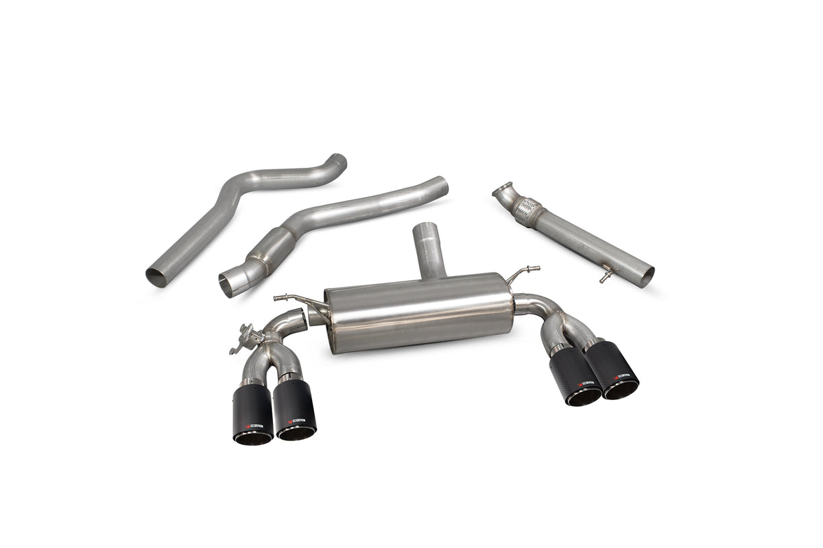 Scorpion BMW M2 F87 Non GPF cat-back exhaust system with electronic valve, shown installed on the vehicle.