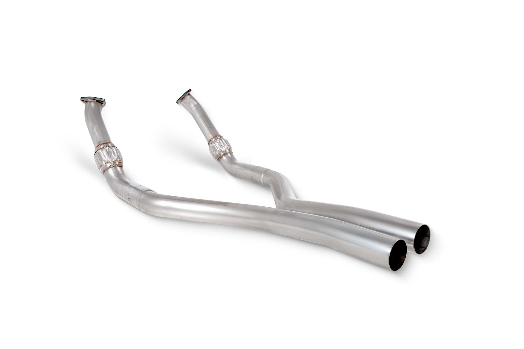 Scorpion Audi RS6 C8 and RS7 C8 front exhaust pipes showing polished metal sections and connection points.