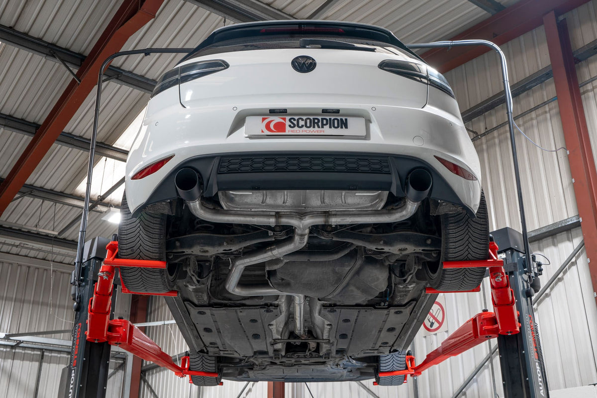 Scorpion Volkswagen Golf MK7 GTD cat-back exhaust system with GTI style muffler, stainless steel construction, and polished finish.