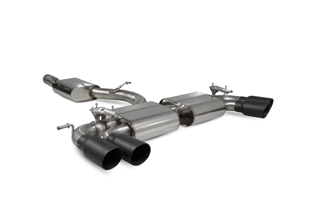 Scorpion Audi SQ2 resonated GPF-back exhaust system with valves, featuring polished stainless steel tips and dual muffler design.