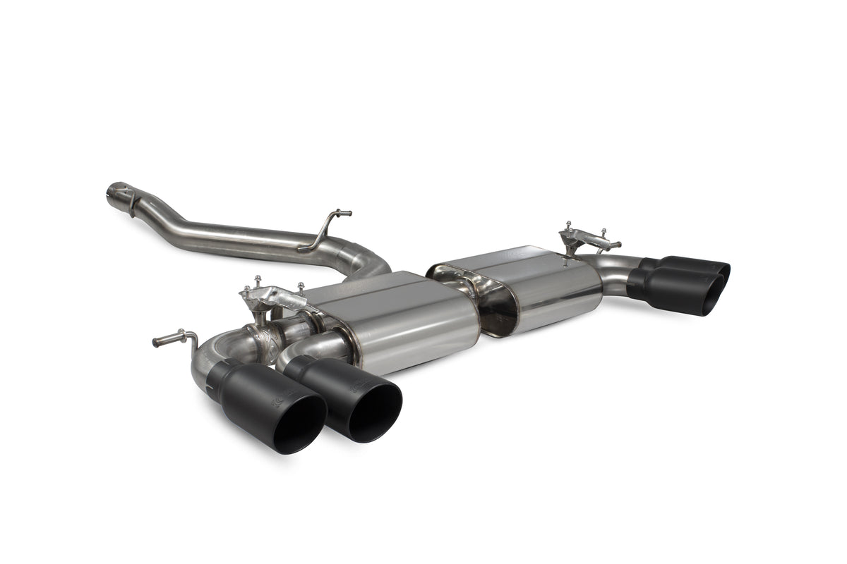 Scorpion Audi S3 8V GPF-Back Exhaust System with valves, non-resonated 3-door/Sportback model, showcasing polished metal pipes and tips.