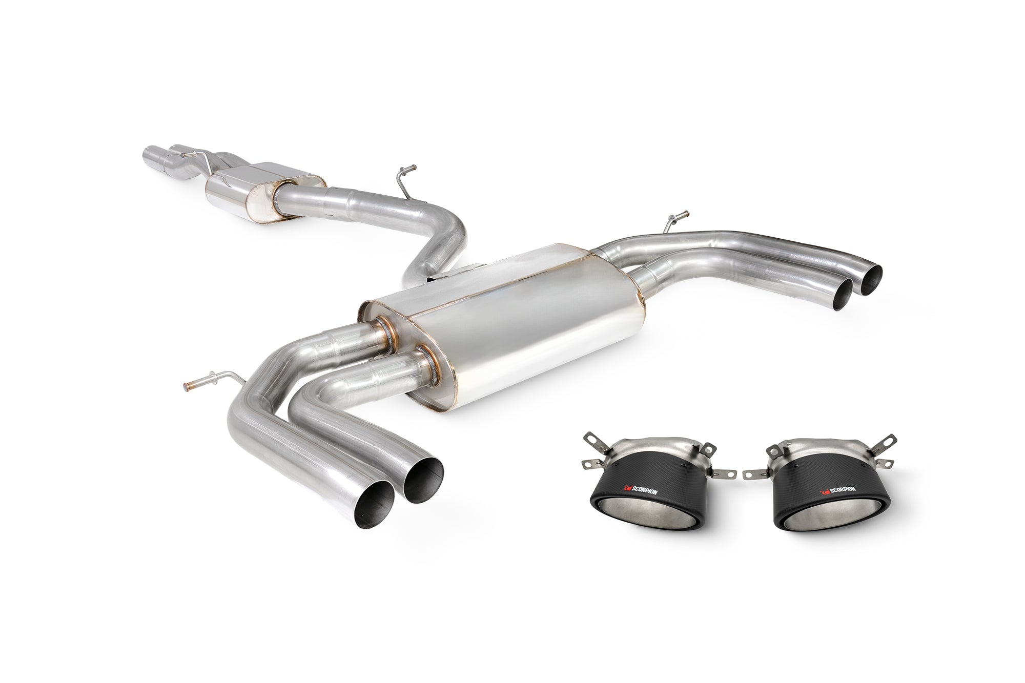 Scorpion Audi RS3 8Y Sportback GPF-Back Exhaust System, resonated, non-valved, stainless steel with polished finish, detailed close-up.
