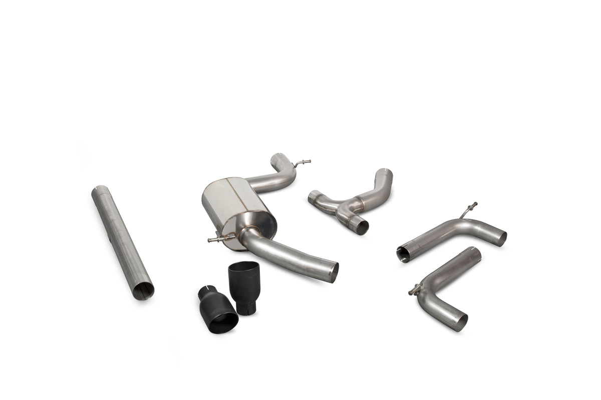 Scorpion Volkswagen Golf MK7 GTI non-resonated cat-back exhaust system installed, showcasing polished stainless steel pipes and muffler.