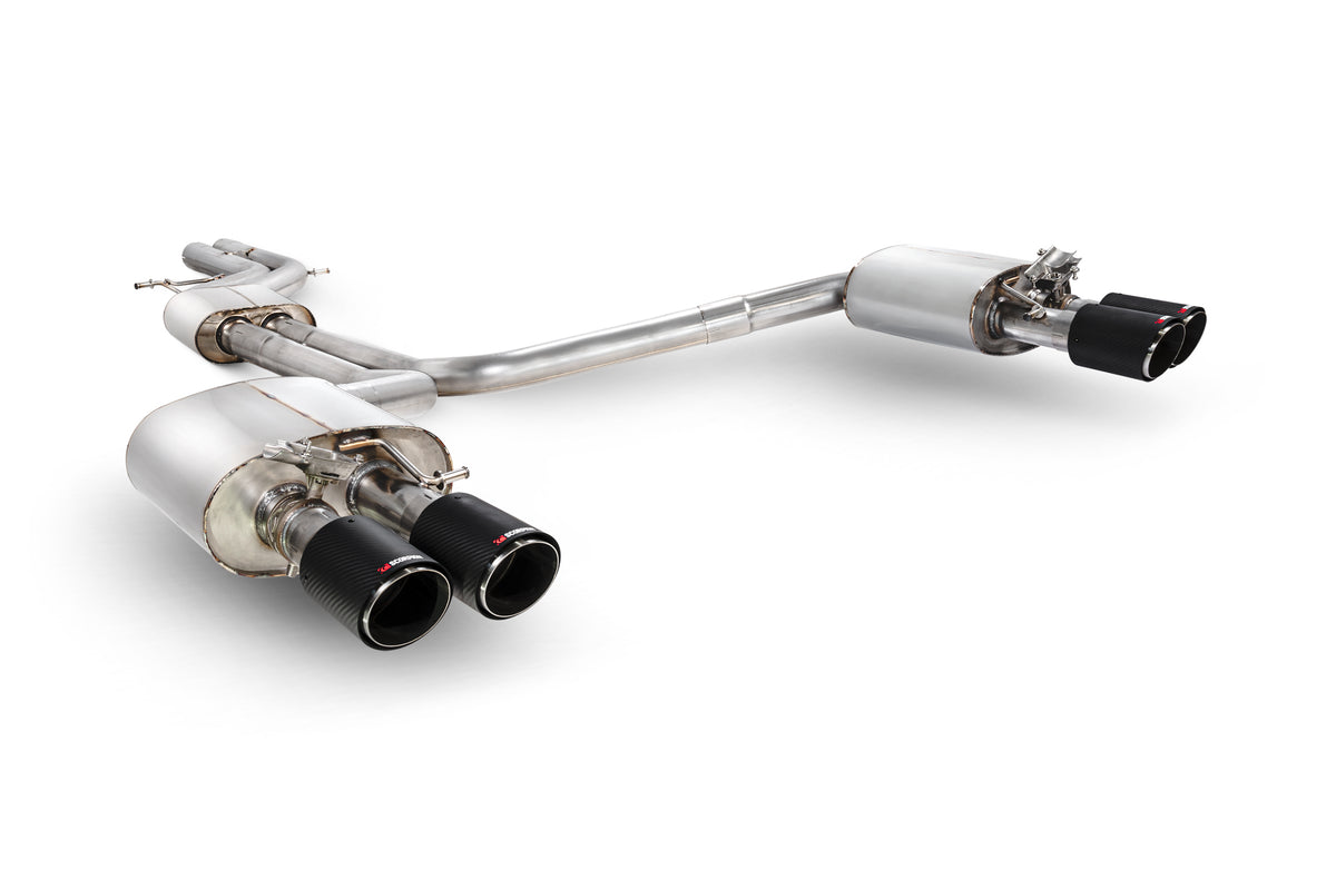 Scorpion Audi S6/S7 C7 resonated half exhaust system with electronic valves, showing polished metal pipes and valve controls.