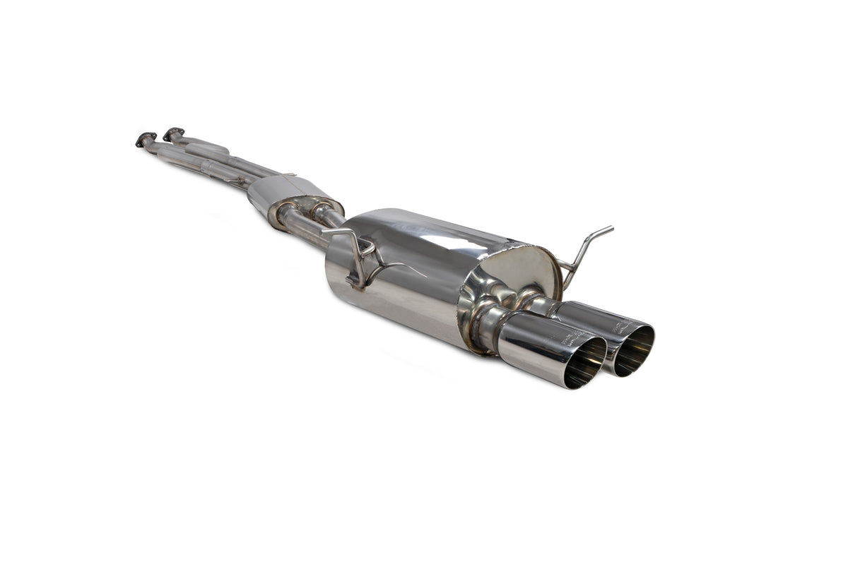 Scorpion BMW E46 cat-back exhaust system installed on coupe, saloon, estate, and Cabriolet models, showcasing polished exhaust pipes.