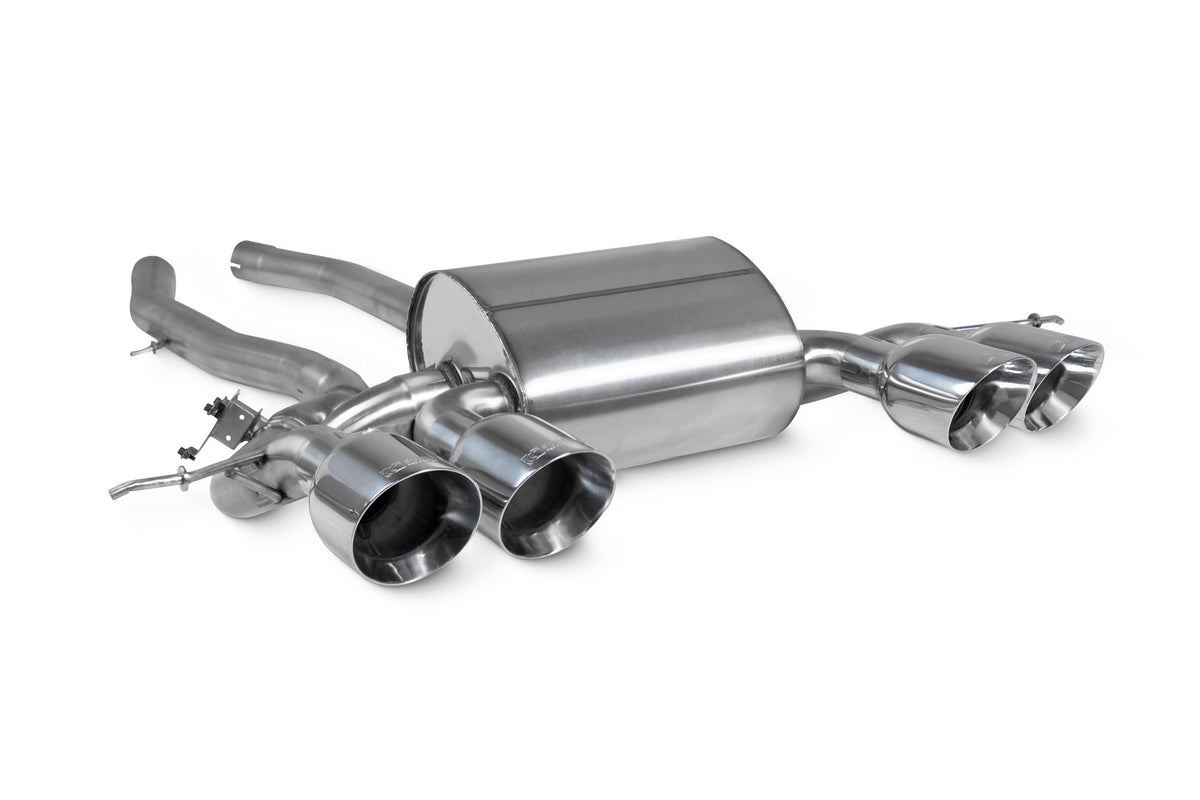 Scorpion BMW M2 G87 Half Exhaust System, showing polished stainless steel pipes and exhaust tips with branding details.