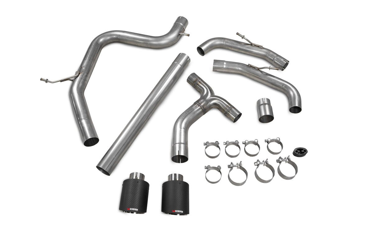Scorpion Volkswagen Golf MK8 GTI Clubsport GPF-Back Exhaust System with non-resonated predator design, showcasing metallic pipes and tips.