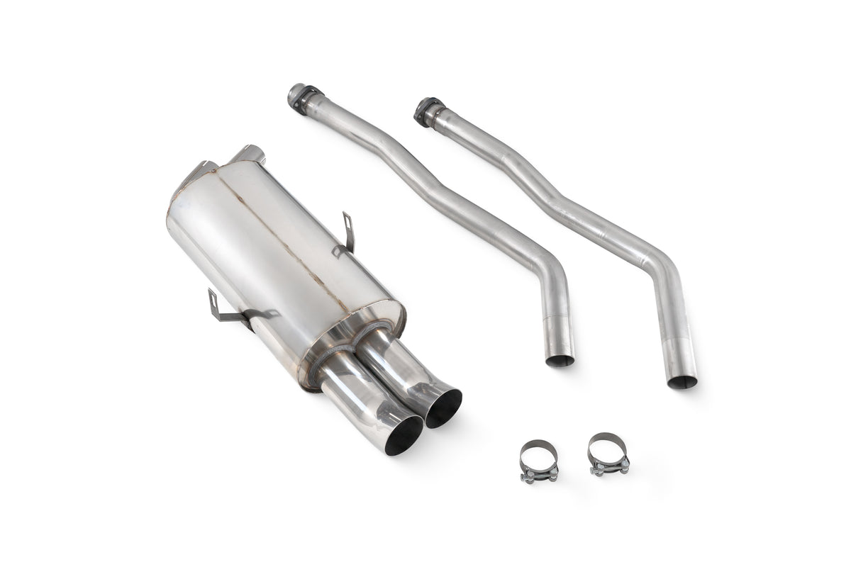 Scorpion BMW 325/328 E36 cat-back exhaust system with polished stainless steel muffler and dual exhaust tips.