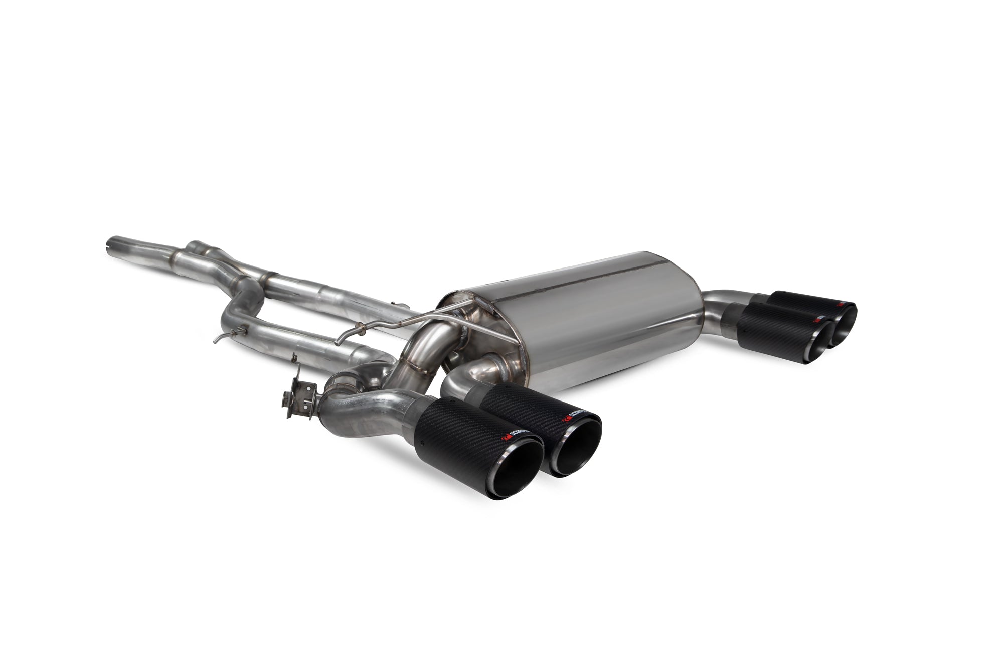 Scorpion BMW M2 Competition F87N GPF-Back Exhaust System with electronic valves, showcasing polished metal pipes and dual exhaust tips.